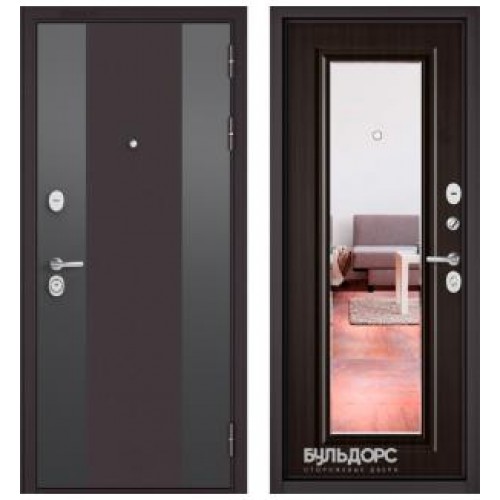 Входная дверь Бульдорс Standart 90 Черный шелк 9К-4, Ларче шоколад 9S-140 miror-зеркало