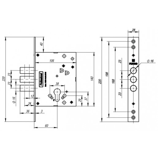 Корпус врезного Fuaro (Фуаро) замка V25/C-60.00.3R16