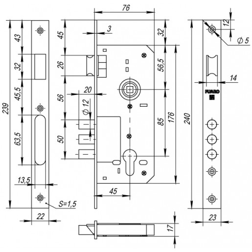 Корпус врезного Fuaro (Фуаро) замка с защёлкой 900 3MR/PB W/B (латунь)