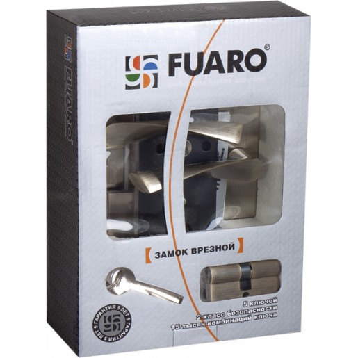 Замок врезной Fuaro (Фуаро) цилиндровый с защёлкой в комплекте с ручкой SET F9011 AB (бронза), 5 кл.