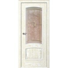 Межкомнатная дверь Ellada Porte Аврора Дуб белый патина золото Фрост (плёночный витраж с эффектом «Мороз»)