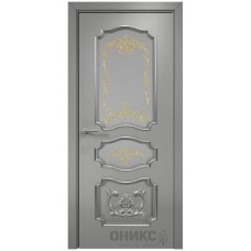 Межкомнатная дверь Оникс Барселона Эмаль RAL 7036 по МДФ патина серебро контурный витраж со стеклом