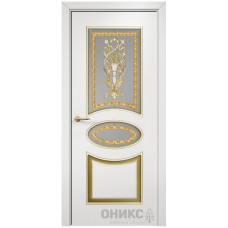 Межкомнатная дверь Оникс Эллипс Эмаль белая МДФ патина золото заливной витраж со стеклом
