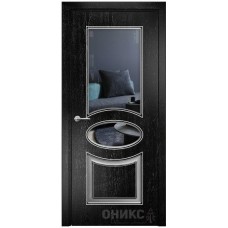 Межкомнатная дверь Оникс Эллипс Эмаль черная патина серебро по фрезе со стеклом