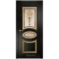 Межкомнатная дверь Оникс Эллипс Эмаль черная патина золото по фрезе заливной витраж со стеклом