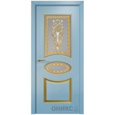 Межкомнатная дверь Оникс Эллипс Эмаль голубая патина золото по фрезе заливной витраж со стеклом