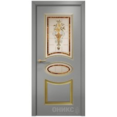 Межкомнатная дверь Оникс Эллипс Эмаль RAL 7036 по МДФ патина золото заливной витраж со стеклом