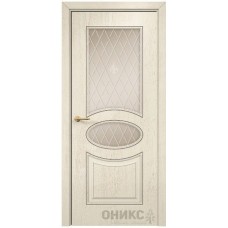Межкомнатная дверь Оникс Эллипс Слоновая кость патина коричневая стекло с гравировкой
