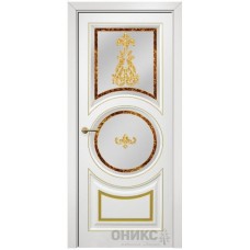 Межкомнатная дверь Оникс Софья Эмаль белая МДФ патина золото заливной витраж со стеклом