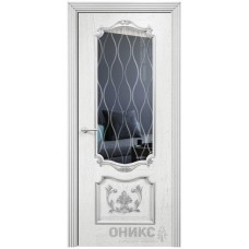 Межкомнатная дверь Оникс Венеция Белая эмаль патина серебро гравировка со стеклом