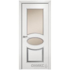 Межкомнатная дверь Оникс Эллипс Эмаль белая МДФ патина серебро со стеклом