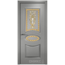 Межкомнатная дверь Оникс Эллипс Эмаль RAL 7036 по МДФ патина серебро заливной витраж со стеклом