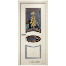 Межкомнатная дверь Оникс Эллипс Эмаль слоновая кость патина серебро по фрезе заливной витраж со стеклом