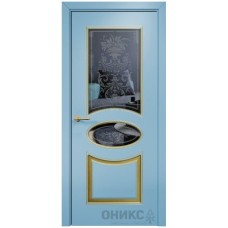 Межкомнатная дверь Оникс Эллипс Голубая эмаль по МДФ патина золото пескоструй со стеклом