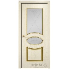Межкомнатная дверь Оникс Эллипс Слоновая кость эмаль патина золото по фрезе контурный витраж со стеклом
