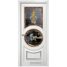 Межкомнатная дверь Оникс Софья Эмаль белая МДФ патина серебро заливной витраж со стеклом