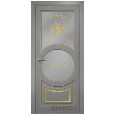 Межкомнатная дверь Оникс Софья Эмаль RAL 7036 по МДФ патина золото контурный витраж
