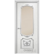 Межкомнатная дверь Оникс Венеция Белая эмаль патина серебро со стеклом