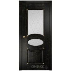 Межкомнатная дверь Оникс Эллипс Черная эмаль патина золото гравировка со стеклом