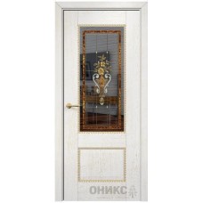 Межкомнатная дверь Оникс Александрия 2 Белая эмаль патина золото заливной витраж зеркало