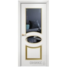 Межкомнатная дверь Оникс Эллипс Эмаль белая МДФ патина золото со стеклом
