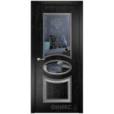 Межкомнатная дверь Оникс Эллипс Эмаль черная патина серебро по фрезе пескоструй со стеклом