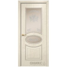Межкомнатная дверь Оникс Эллипс Слоновая кость патина коричневая контурный витраж со стеклом