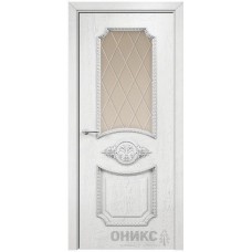 Межкомнатная дверь Оникс Империя Белая эмаль патина серебро гравировка со стеклом