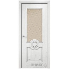 Межкомнатная дверь Оникс Рада Белая эмаль патина серебро гравировка со стеклом