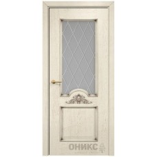 Межкомнатная дверь Оникс Византия Слоновая кость патина коричневая гравировка со стеклом
