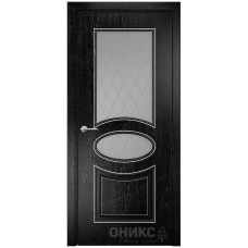 Межкомнатная дверь Оникс Эллипс Черная эмаль патина серебро пескоструй со стеклом