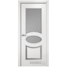 Межкомнатная дверь Оникс Эллипс Эмаль белая МДФ патина серебро пескоструй со стеклом