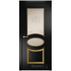 Межкомнатная дверь Оникс Эллипс Эмаль черная МДФ патина золото контурный витраж со стеклом