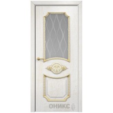 Межкомнатная дверь Оникс Империя Белая эмаль патина золото гравировка со стеклом