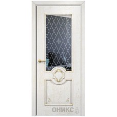 Межкомнатная дверь Оникс Рада Белая эмаль патина золото гравировка со стеклом