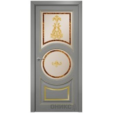Межкомнатная дверь Оникс Софья Эмаль RAL 7036 по МДФ патина золото заливной витраж со стеклом