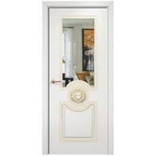 Межкомнатная дверь Оникс Цезарь Эмаль белая МДФ патина золото со стеклом