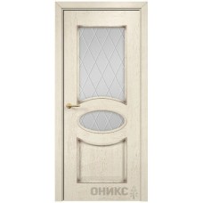 Межкомнатная дверь Оникс Эллипс Слоновая кость патина коричневая гравировка со стеклом