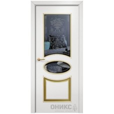 Межкомнатная дверь Оникс Эллипс Эмаль белая МДФ патина золото пескоструй со стеклом