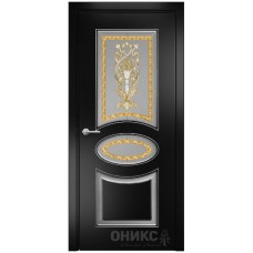 Межкомнатная дверь Оникс Эллипс Эмаль черная МДФ патина серебро заливной витраж со стеклом