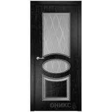 Межкомнатная дверь Оникс Эллипс Эмаль черная патина серебро по фрезе стекло с гравировкой