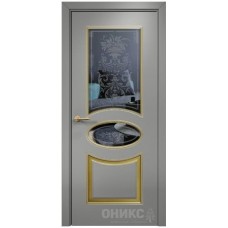 Межкомнатная дверь Оникс Эллипс Эмаль RAL 7036 по МДФ патина золото пескоструй со стеклом