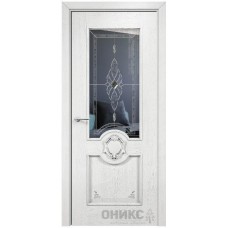 Межкомнатная дверь Оникс Рада Белая эмаль патина серебро бевелс со стеклом
