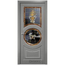 Межкомнатная дверь Оникс Софья Эмаль RAL 7036 по МДФ патина серебро заливной витраж со стеклом