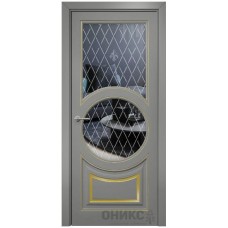 Межкомнатная дверь Оникс Софья Эмаль RAL 7036 по МДФ патина золото гравировка со стеклом