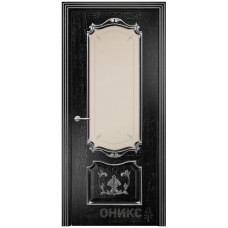 Межкомнатная дверь Оникс Венеция Черная эмаль патина серебро пескоструй со стеклом