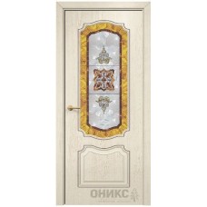 Межкомнатная дверь Оникс Венеция Слоновая кость патина коричневая фотопечать со стеклом