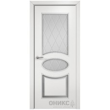 Межкомнатная дверь Оникс Эллипс Эмаль белая МДФ патина серебро стекло с гравировкой