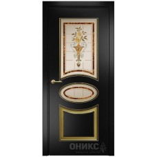 Межкомнатная дверь Оникс Эллипс Эмаль черная МДФ патина золото заливной витраж со стеклом