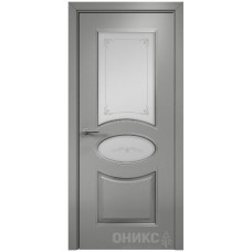 Межкомнатная дверь Оникс Эллипс Эмаль RAL 7036 по МДФ патина серебро пескоструй со стеклом